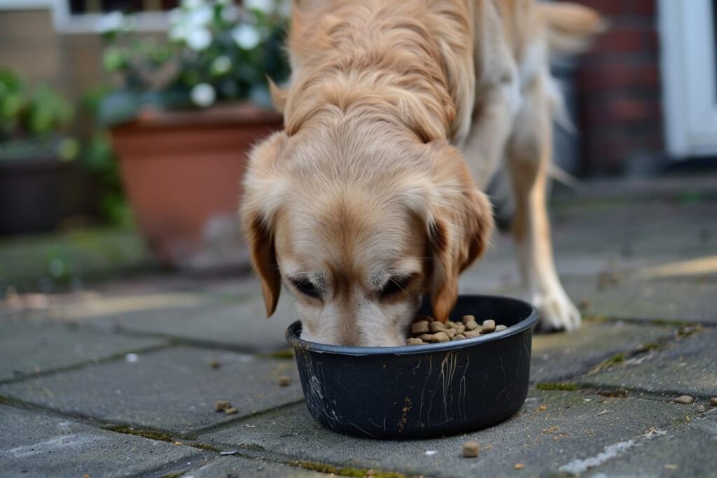 Hund frisst Hundefutter aus Napf