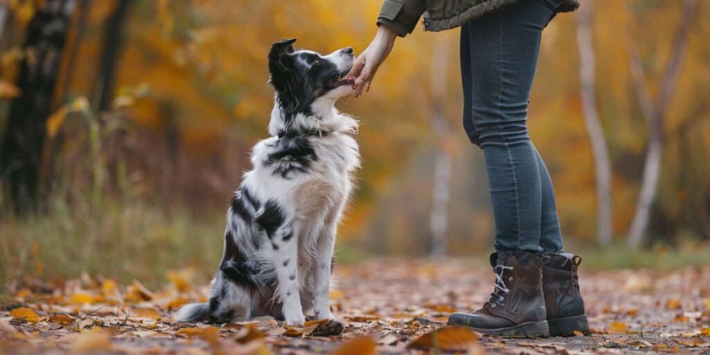 Hund sitzt aufmerksam vor seinem Herrchen und bekommt ein Lerckerlie aus Belohnung
