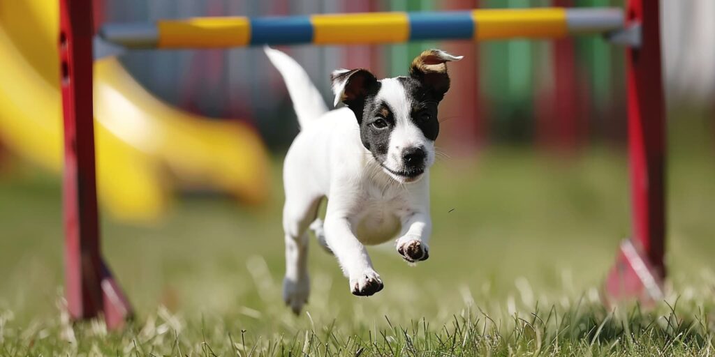 Hund rennt in Welpenschule über Agility Platz