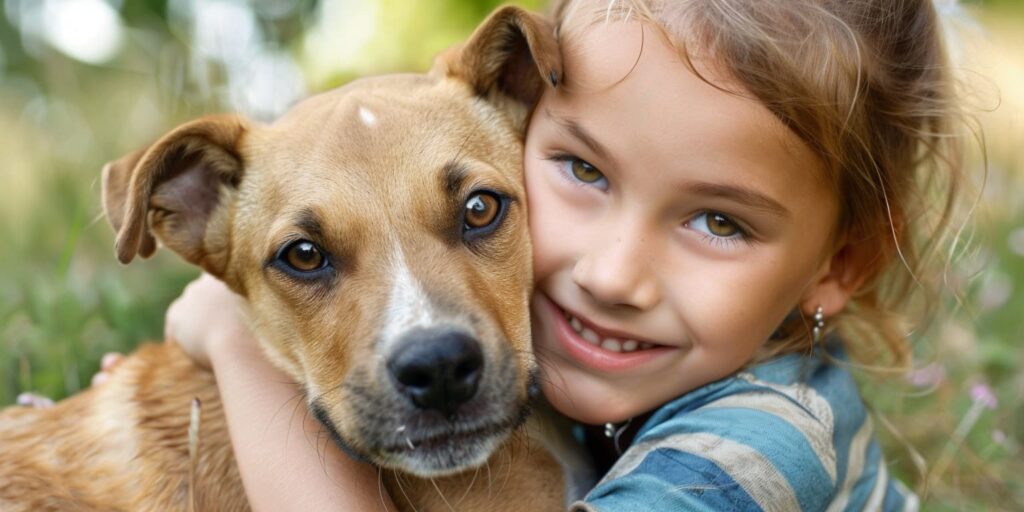 Kind streichelt Therapiehund und ist glücklich.